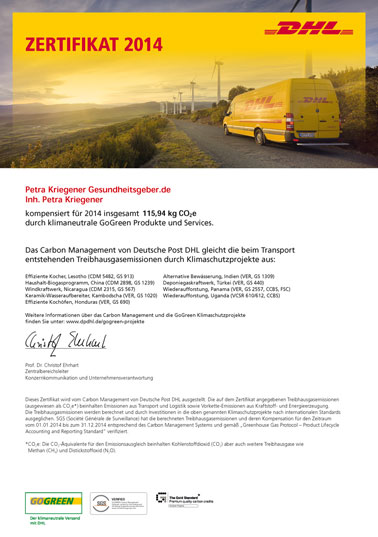 DHL GoGreen Zertifikat für Natural-Kefir-Drinks.de - 2014