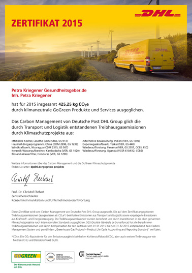 DHL GoGreen Zertifikat für Natural-Kefir-Drinks.de - 2015