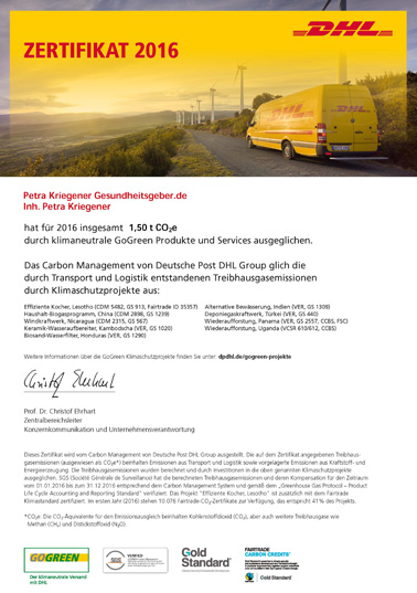 DHL GoGreen Zertifikat für Natural-Kefir-Drinks.de - 2016