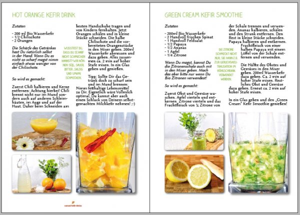 Would you like to make delicious kefir recipes at home? Here you can the Natural-Kefir-Drinks.de water kefir recipes e-book with the best 5 recipes